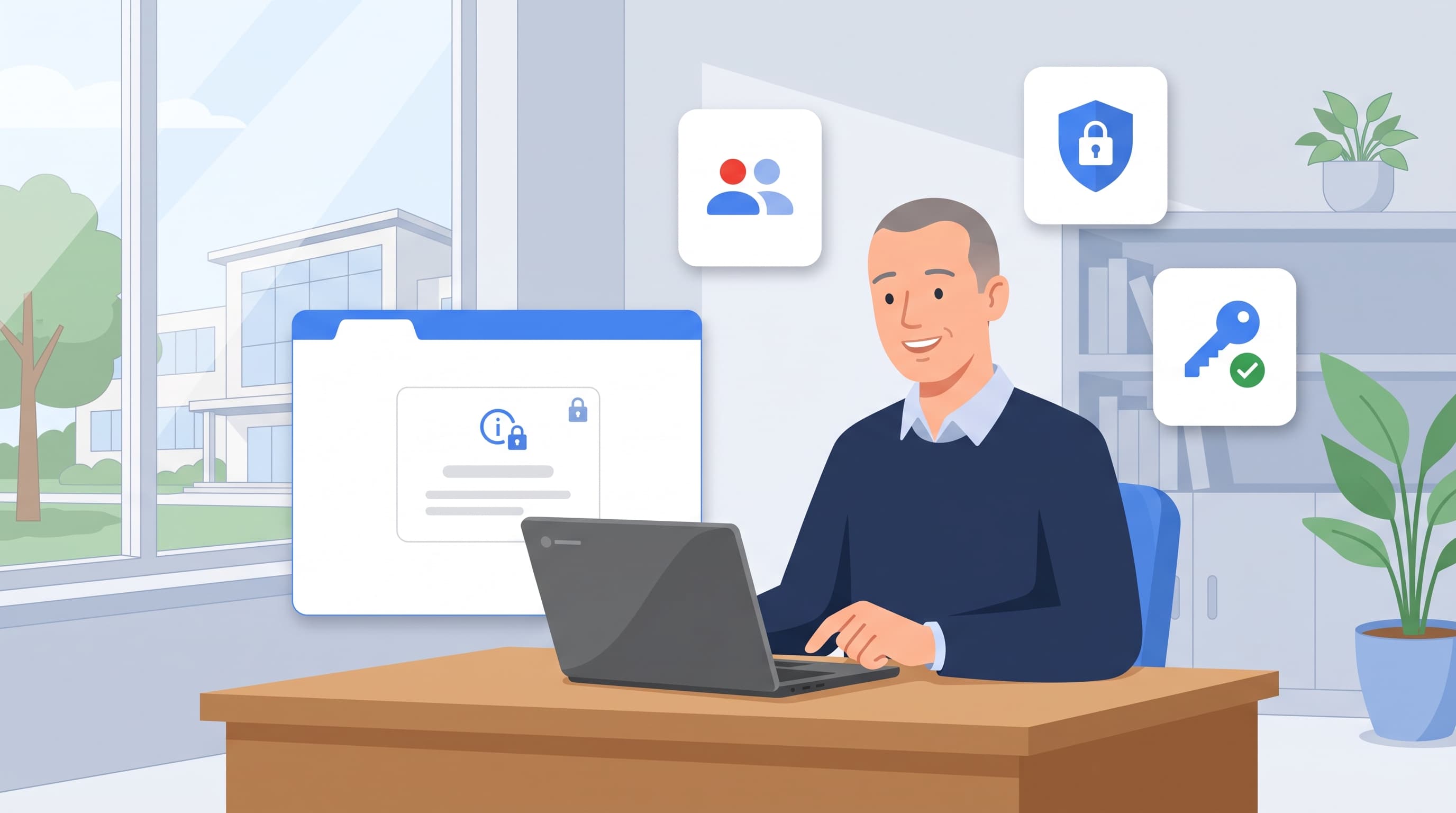 Učitel pracuje na Chromebooku, kolem něj ikony účtů, zámku a klíče