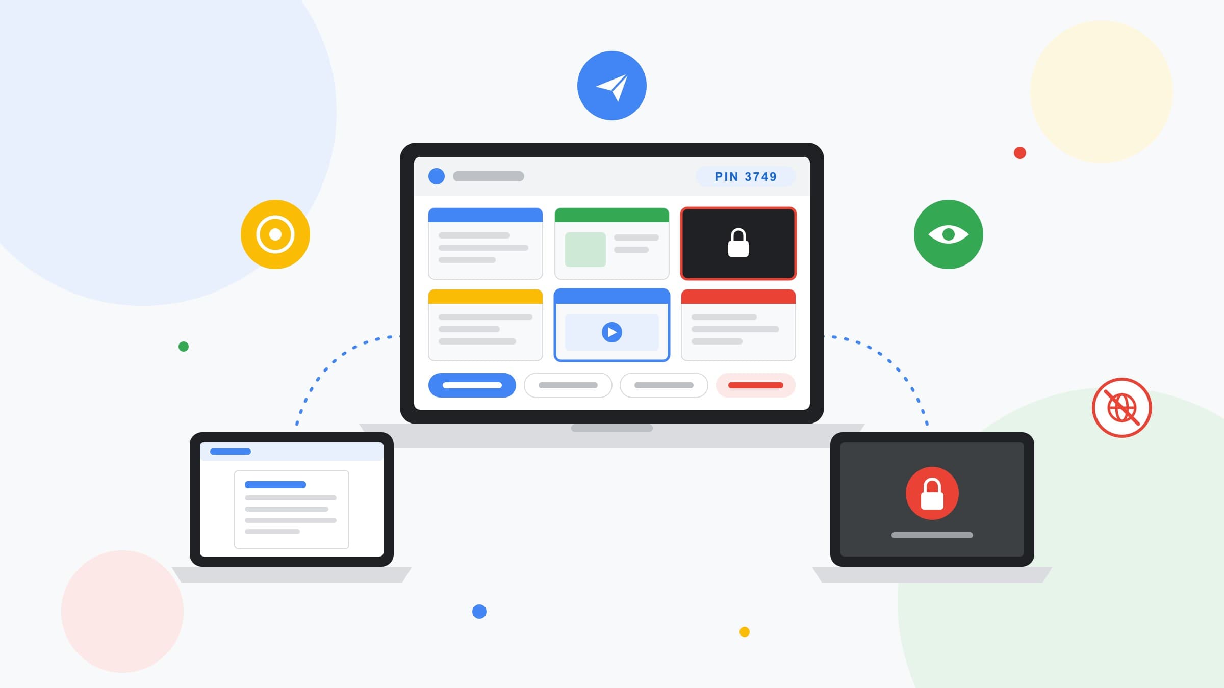 Učitelský notebook s náhledy obrazovek žáků propojený se dvěma Chromebooky, jeden s odeslaným dokumentem, druhý uzamčený