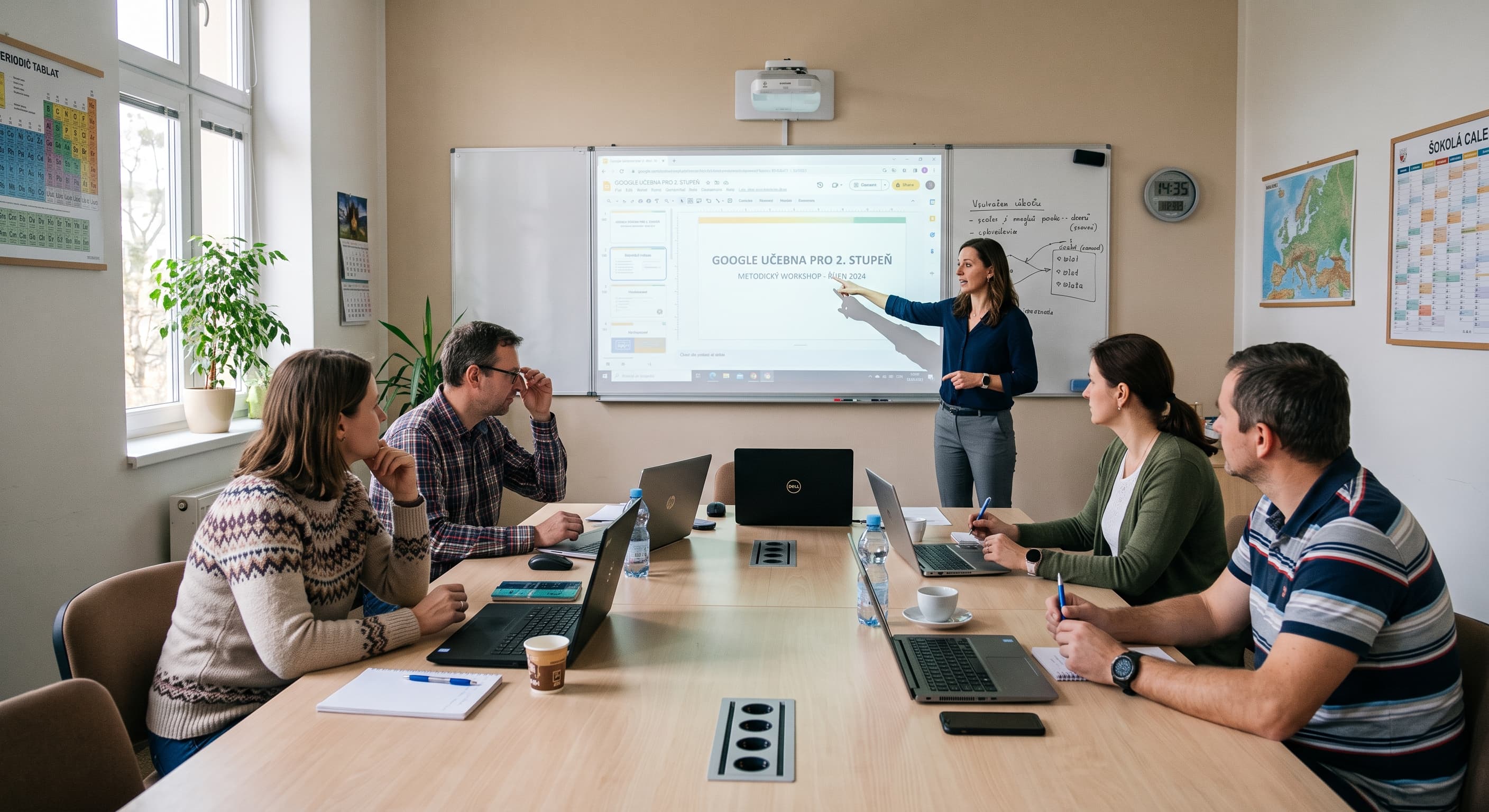 Učitelé ve sborovně společně pracují s Google Workspace